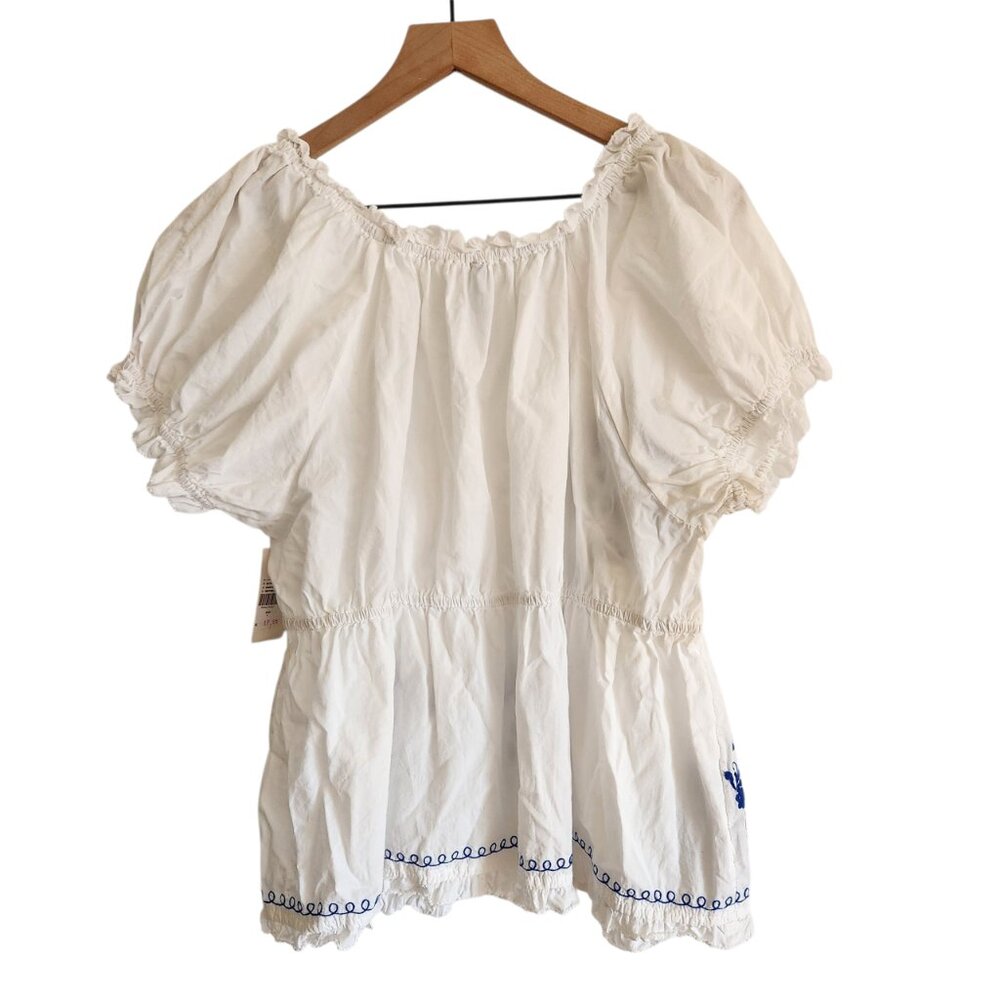 NWT Anthropologie Puff Sleeve Blue Floral Embroidered Babydoll Cottagecore Top L - Picture 5 of 10